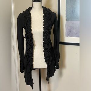 INC Inter. Concepts Cardigan Sweater Black/Metalic Ruffle-Trim Open-Front XS